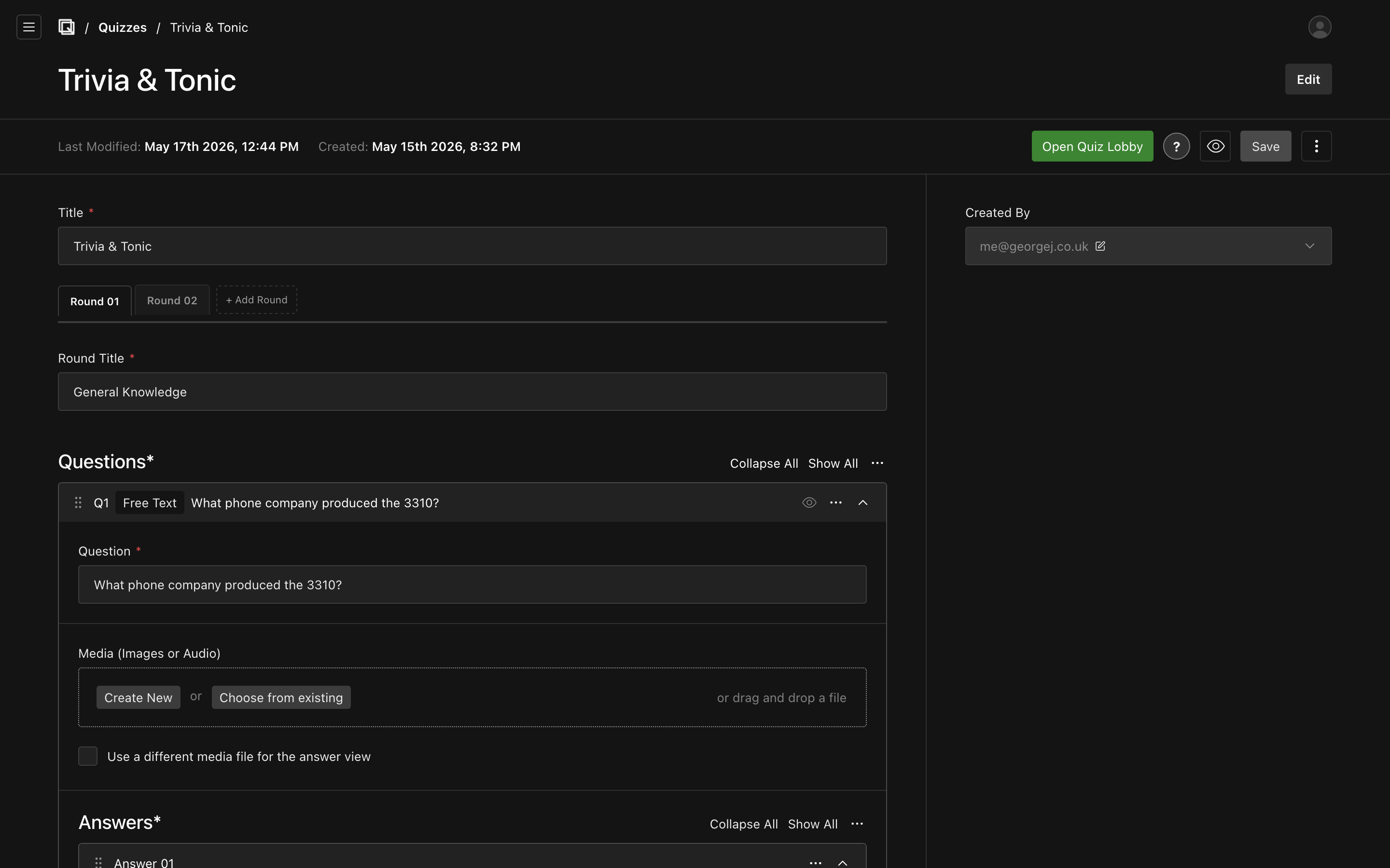 Admin quiz editor